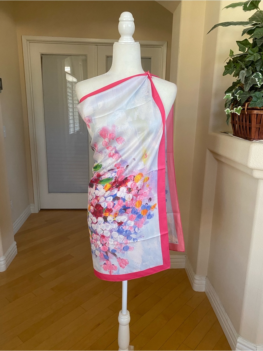 Floral Pink Silk Scarf Wrap - Women Accessories - Picture 3 of 11